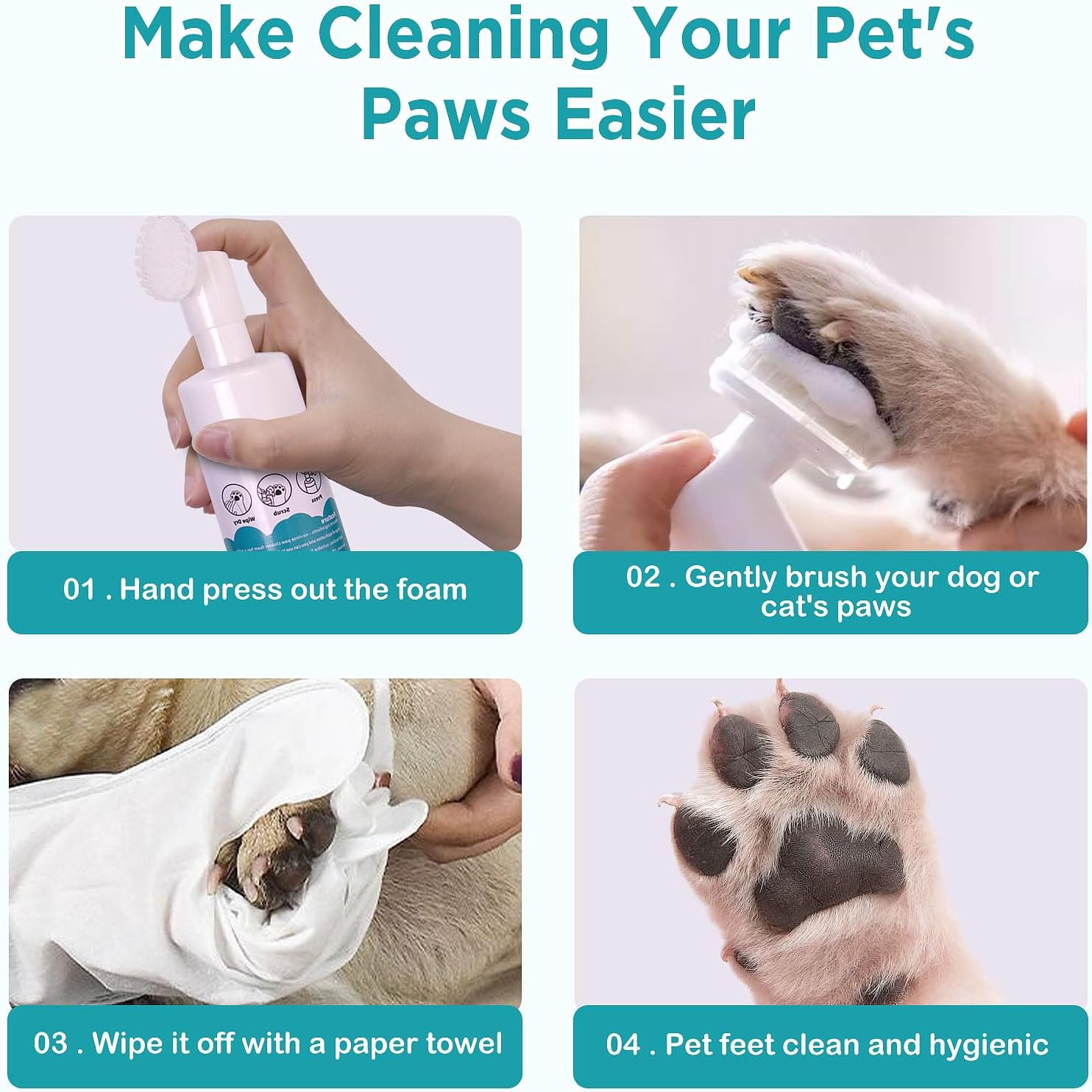 No-rinse foam paw cleaner for dogs and cats