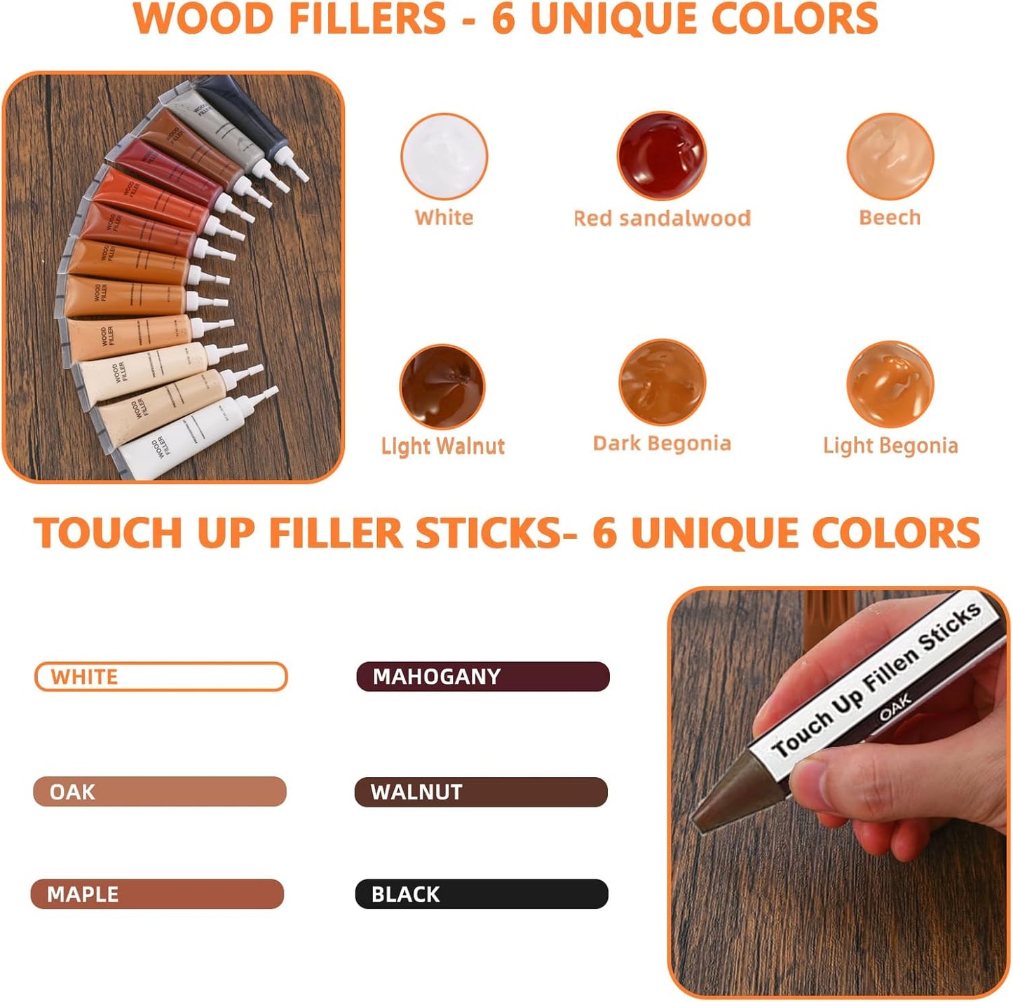 Wood Filler and Wax Fill-Sticks Kit for Furniture Repair,12 Colors Wood Repair Kit for Scratch Cover, Restore Cracks, Hole, Door, Floor, Table, Cabinet -Restore a Finish for Woods