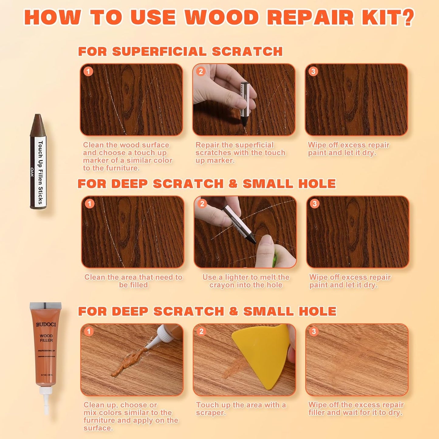 Wood Filler and Wax Fill-Sticks Kit for Furniture Repair,12 Colors Wood Repair Kit for Scratch Cover, Restore Cracks, Hole, Door, Floor, Table, Cabinet -Restore a Finish for Woods